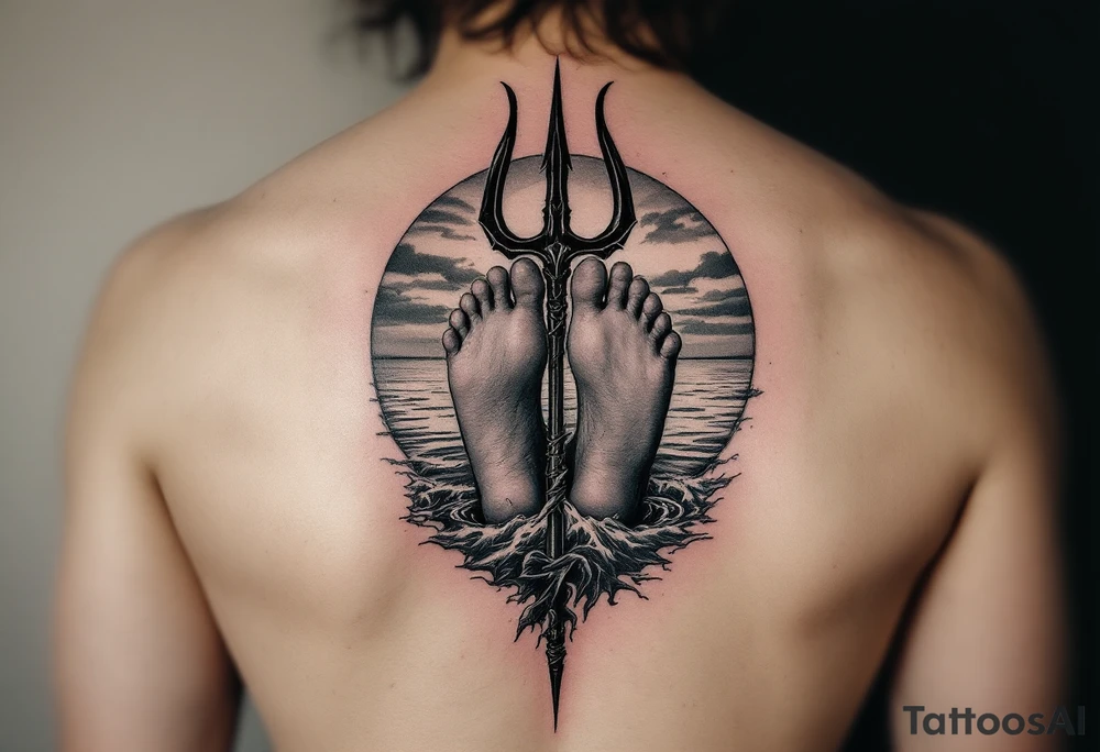 barefeet behind trident with water and sunset tattoo idea