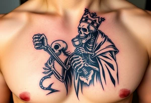 evil skeleton king in clothes having a good time getting drunk with skeleton dog tattoo idea