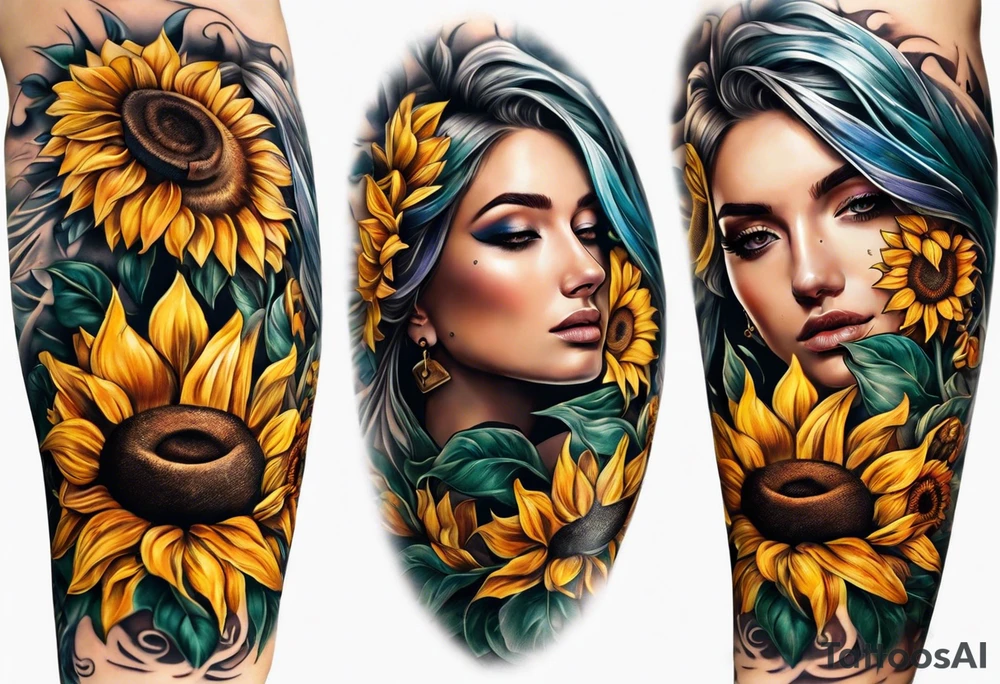 Sleeve with Roman numeral and sunflowers tattoo idea