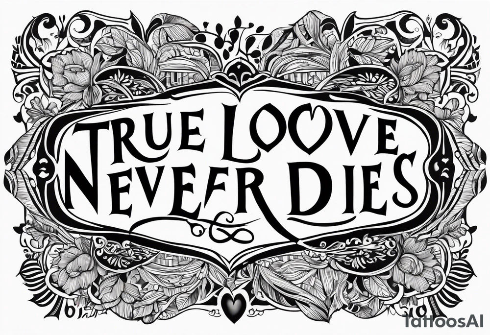 Old scripture lettering true love never dies tattoo idea