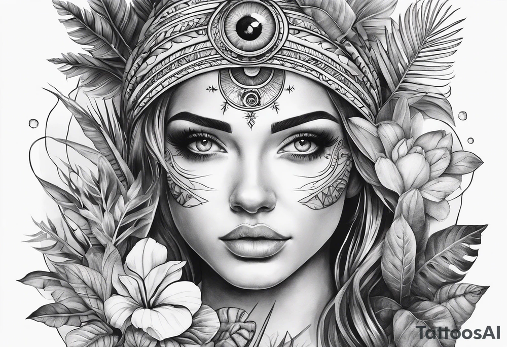 sleeve tattoo with all-seeing eye and jungle plants tattoo idea sleeve tattoo with all-seeing eye and jungle plants tattoo idea