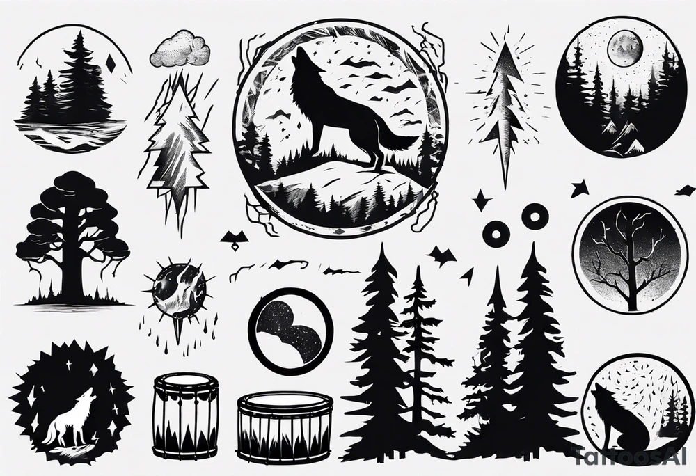thunderstorm over a forest with a wolf howling on drums tattoo idea thunderstorm over a forest with a wolf howling on drums tattoo idea