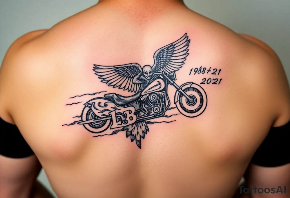 Dale Earnhardt car on it with the year 1958 - 2021 intertwined with a motorcycle on it with guardian angel wolves tattoo idea