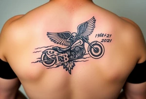 Dale Earnhardt car on it with the year 1958 - 2021 intertwined with a motorcycle on it with guardian angel wolves tattoo idea