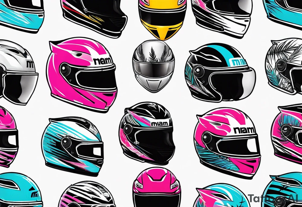 Formula 1 Helment with the Miami logo a palm tree and pink black and light blue colors tattoo idea
