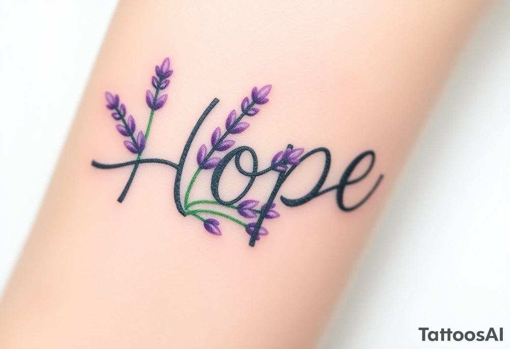 "Hope" shaped from intertwining lavender sprigs, in soft purples and greens, symbolizing serenity tattoo idea