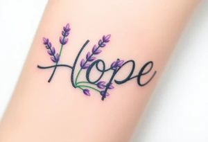 "Hope" shaped from intertwining lavender sprigs, in soft purples and greens, symbolizing serenity tattoo idea