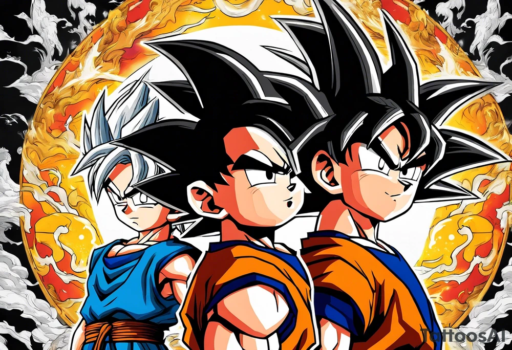 Son-Goku as a child in the foreground and an older version of him as a super saiyajin behind him. A huge dragonball surrounds the whole story tattoo idea