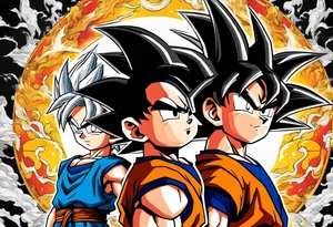 Son-Goku as a child in the foreground and an older version of him as a super saiyajin behind him. A huge dragonball surrounds the whole story tattoo idea