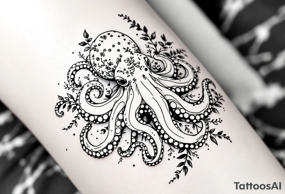 realistic octopus, detailed linework, intricate, black-and-grey shading, surrounded by floral ornaments, intertwining tentacles, thin black swirling lines, semi-transparent brown leaves, dotwork, ornamental flourishes, radiating design, fine-line style, minimalistic, organic flow, feminine, artistic, slightly surreal, seamless composition, marine botanical fusion, lifelike texture, graceful rhythm, natural growth integration, body-following design, smooth shading, soft leaves wrapping, blooming shoulder flower, outward radiating pattern, vine tentacle flow, integrated sea creature, botanical octopus curved body placement, natural organic movement tattoo idea