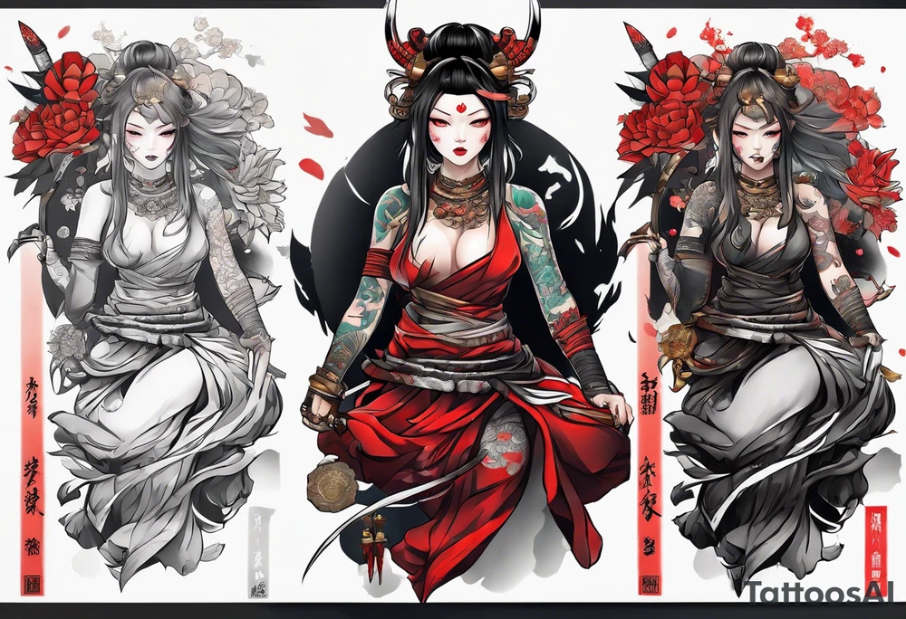 leg tattoo, full leg, oni, girl, oni girl, samurai tattoo idea