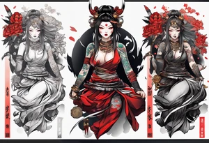leg tattoo, full leg, oni, girl, oni girl, samurai tattoo idea