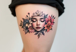 A row of birth flowers with the son’s face in the center, highlighted in full color, while others are shaded in black. tattoo idea