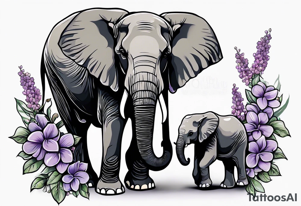 Elephant with baby Elephant holding lilacs tattoo idea