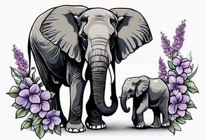Elephant with baby Elephant holding lilacs tattoo idea