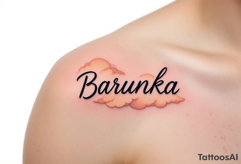 Barunka written in soft cursive, resting on peach-toned clouds. tattoo idea