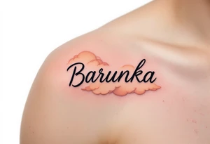 Barunka written in soft cursive, resting on peach-toned clouds. tattoo idea