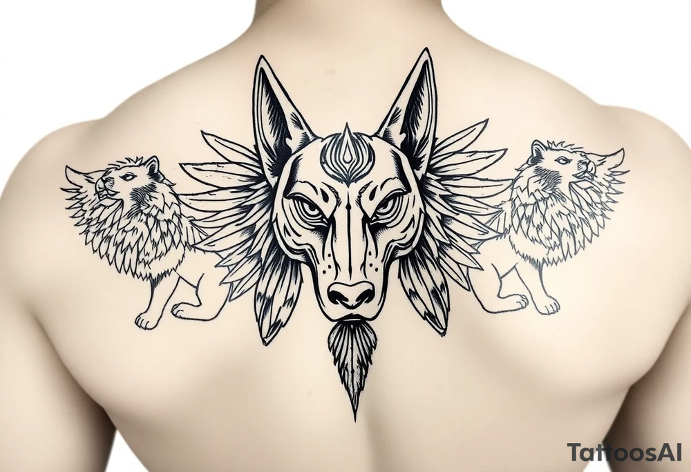 Egyptian Anubis god face muscle in Egypt style dog face surrounded Egyptian symbols and lions tattoo idea