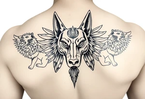 Egyptian Anubis god face muscle in Egypt style dog face surrounded Egyptian symbols and lions tattoo idea