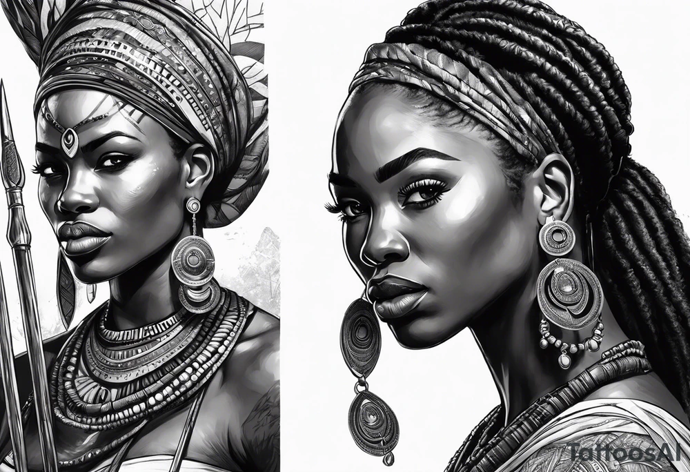 African woman warrior holding spear with deadlocks and earrings. With African setting in the background tattoo idea