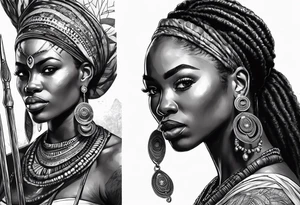 African woman warrior holding spear with deadlocks and earrings. With African setting in the background tattoo idea