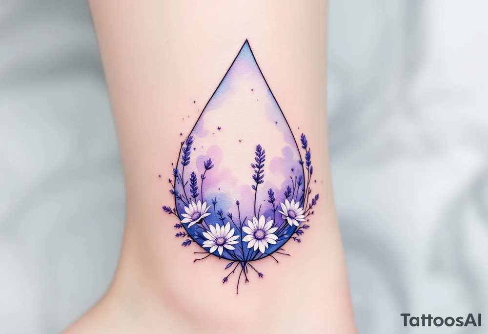 A delicate teardrop shape filled with soft watercolor splashes in shades of blue and purple, surrounded by tiny, fine line flowers like lavender and daisies, symbolizing healing and renewal. The colors should bleed into one another, creating a soft and flowing effect. tattoo idea