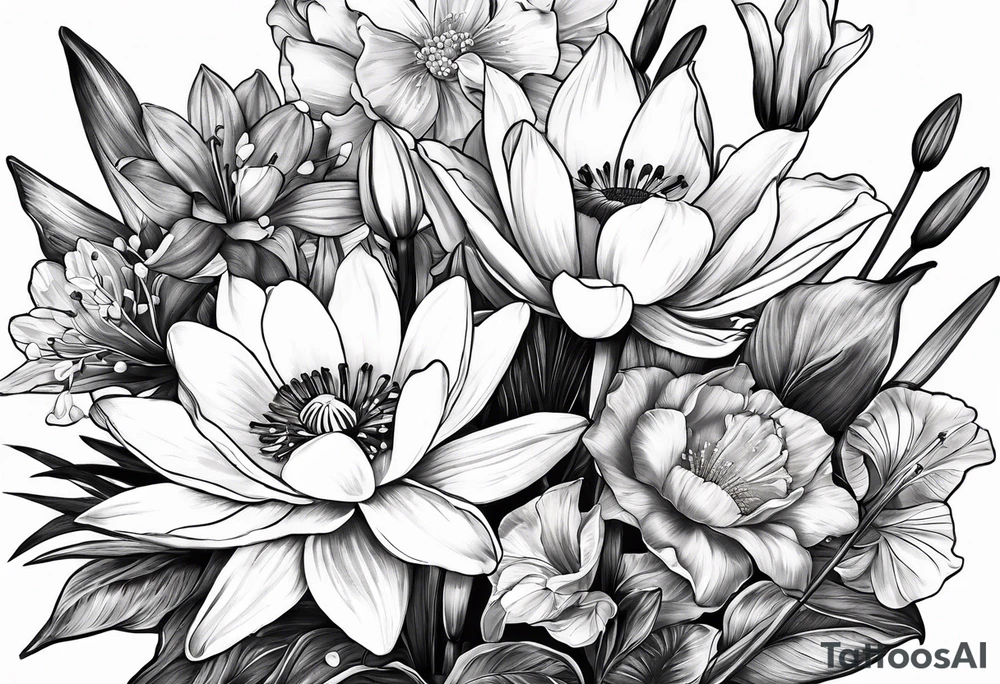 A bouquet of flowers with a water lily, gladiolus, poppy, lily of the valley, daffodil, and a honey suckle. tattoo idea