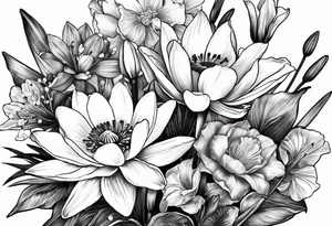 A bouquet of flowers with a water lily, gladiolus, poppy, lily of the valley, daffodil, and a honey suckle. tattoo idea