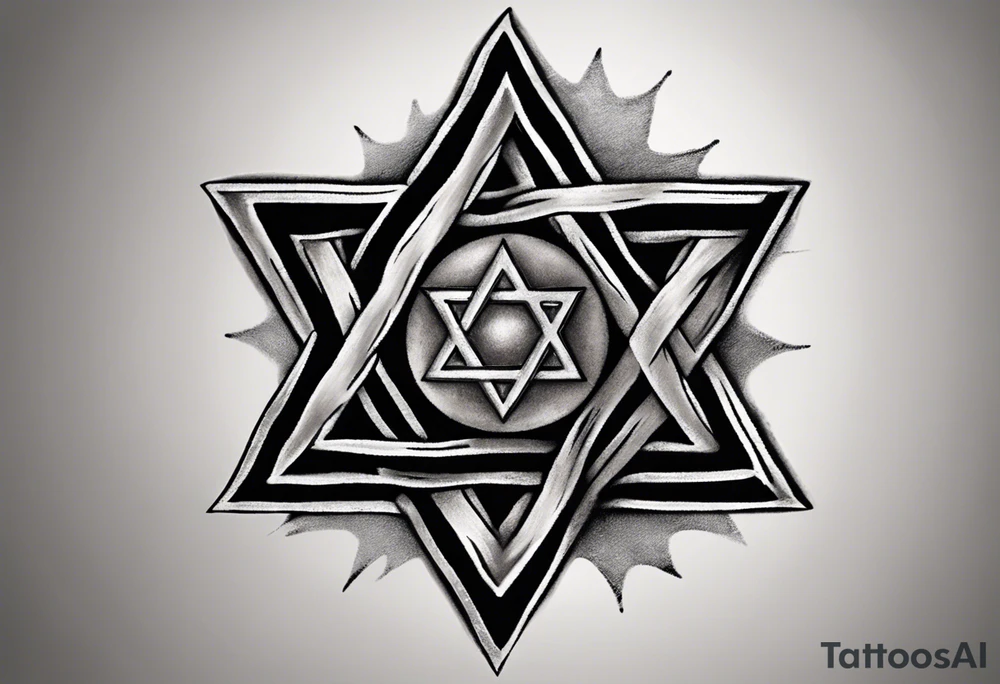 Generate a small 3”x3” tattoo with a rough metal tarnished Star of David using black & grey ultra realism tattoo style that looks as if it was woven into the muscles of the of the left peck. With the words “Pain is Power. Use it to help heal the world” inscribed on the Start of David like it was chiseled into the steel leaving it looking clean cut and gleaming tattoo idea
