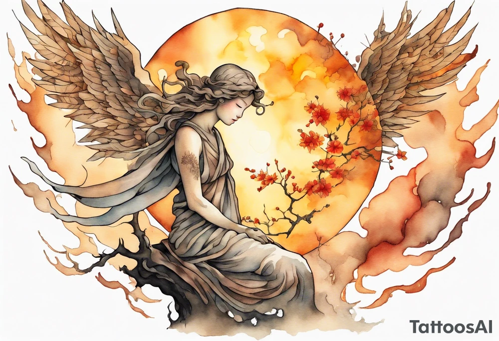 a bronze skinned angel in front of a blazing sun looking down upon a tree tattoo idea