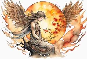 a bronze skinned angel in front of a blazing sun looking down upon a tree tattoo idea