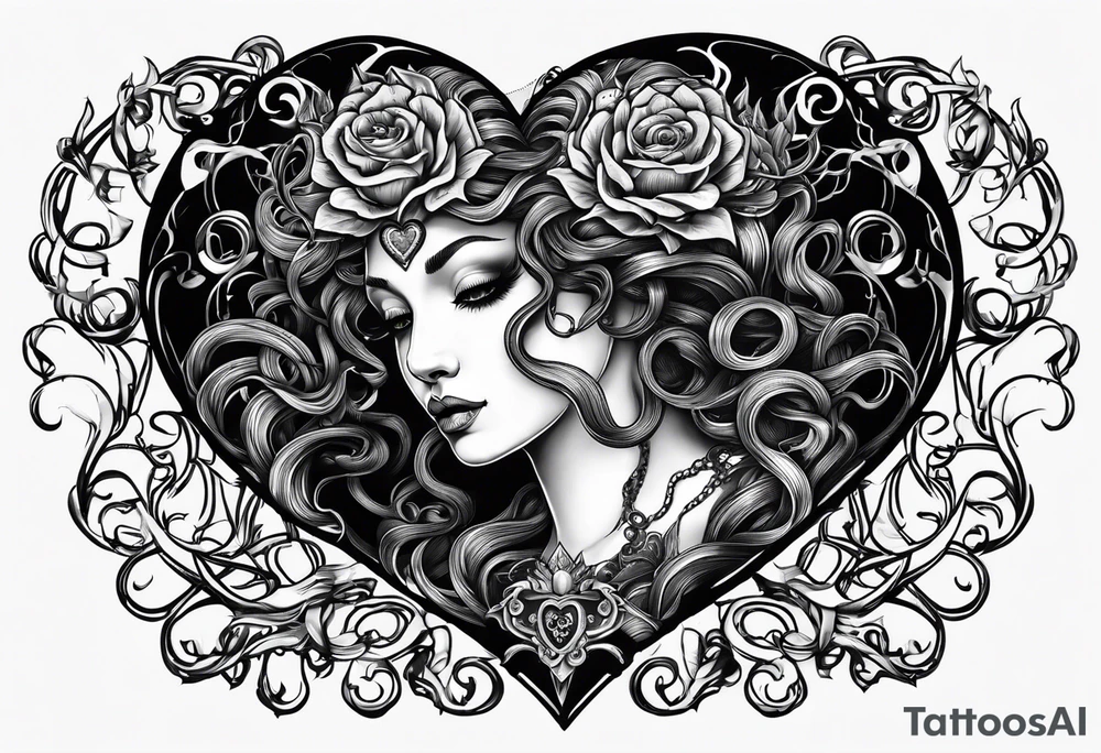 Gothic Medusa inside of a heart blackwork tattoo idea