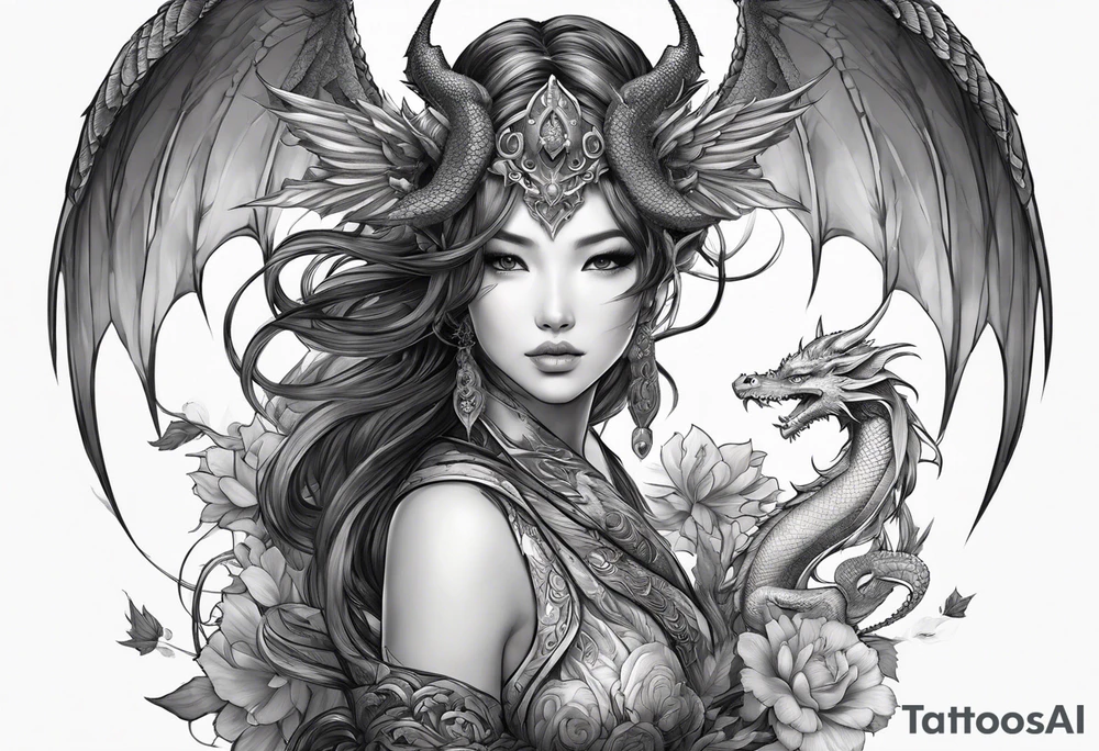 beautiful warrior nymph with wings and a dragon friend tattoo idea
