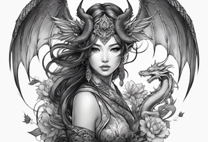 beautiful warrior nymph with wings and a dragon friend tattoo idea