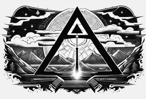 The Master Sword from The Legend Of Zeld stuck into the Triforce with Triforce radiating beams of light with the akatsuki clouds behind it all. tattoo idea