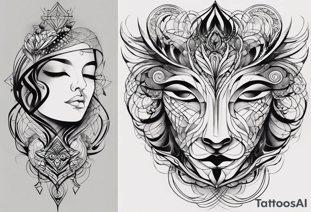 "An intricate tattoo design for the shoulder and upper arm, blending two abstract faces that merge, representing the balance between strength and sensitivity. Geometric lines flow into organic, free-form shapes like branches or smoke, signifying a journey between structure and freedom. One of the faces subtly morphs into a hand, with cracks and details showing the theme of reconstruction or transformation. In the background, delicate engravings of ancient ruins or castle arches add a timeless, introspective feel, with soft shadowing and bold outlines for an impactful, symbolic look. tattoo idea