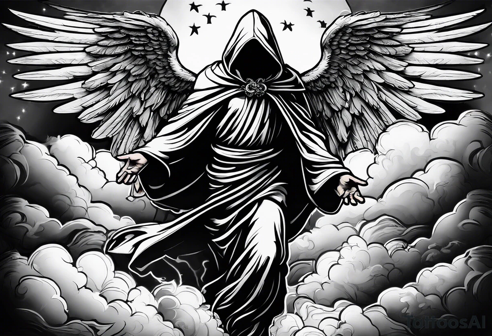 One male hooded angel with 3 angels in the back flying with clouds and shading with a cross in the background tattoo idea