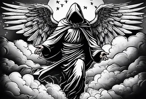 One male hooded angel with 3 angels in the back flying with clouds and shading with a cross in the background tattoo idea