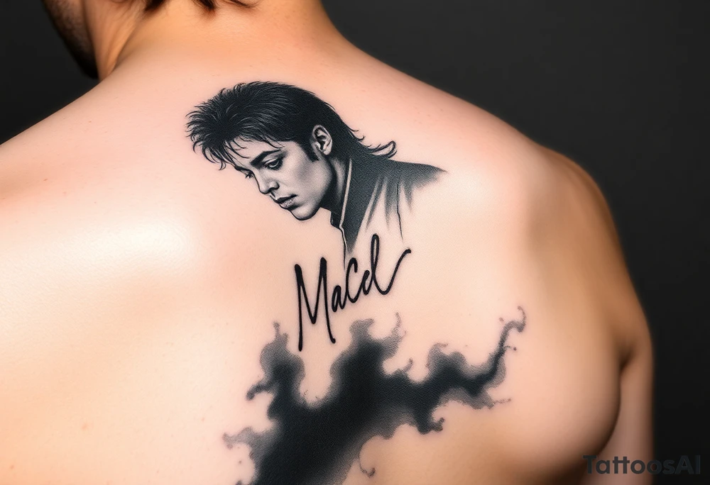 Michael Jackson black and grey realism tattoo concept, upper arm placement. The bottom of the design ends in a dark smokey gradient shadow. Seamlessly integrated within the dark shadow is his famous signature, appearing as negative space skin tone. High contrast, cinematic, dramatic tattoo art --ar 2:3 tattoo idea
