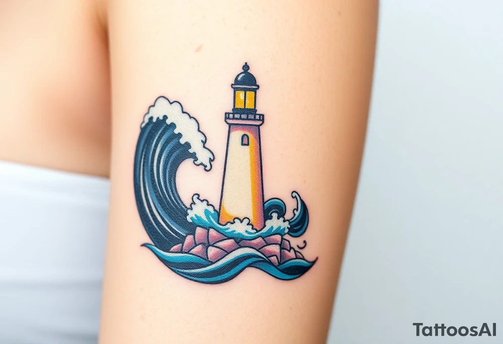 A calm, glowing lighthouse in soft whites and yellows, lighting up the dark ocean waves, contrasted against a violent, stormy sea, swirling with dark, foamy waves in black and dark blue, symbolizing safety and destruction in a single moment tattoo idea