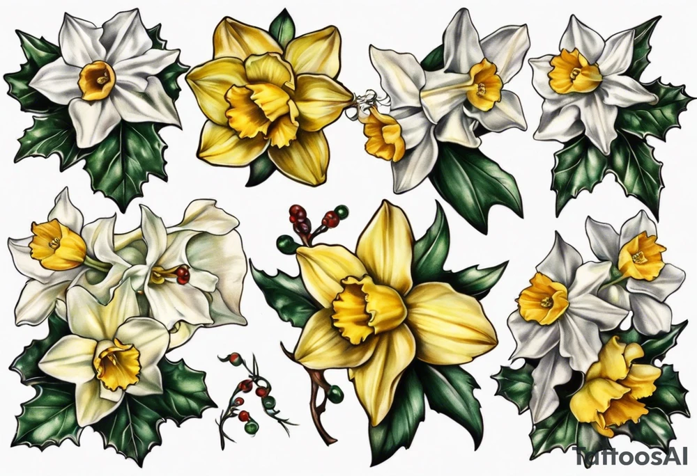 OAKLEE with Narcissus and holly flowers tattoo idea