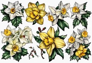 OAKLEE with Narcissus and holly flowers tattoo idea