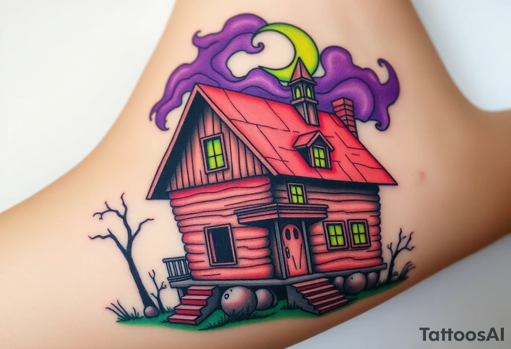 Tim Burton’s haunted pastel wood cabin home is abandoned and dripping with muted reds, dusty pinks, and eerie green glow.purple and cyan smokey clouds swirl in the crescent moonlit sky thats sprinkled with stars tattoo idea tattoo idea