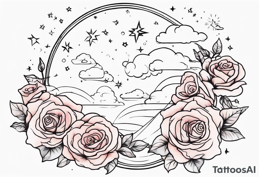 Vertical Clouds with pulsar and small roses and stars around it tattoo idea