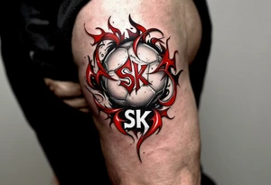 A tribal-inspired design featuring a red and white ball intertwined with the club’s initials "SK Slavia Praha". tattoo idea