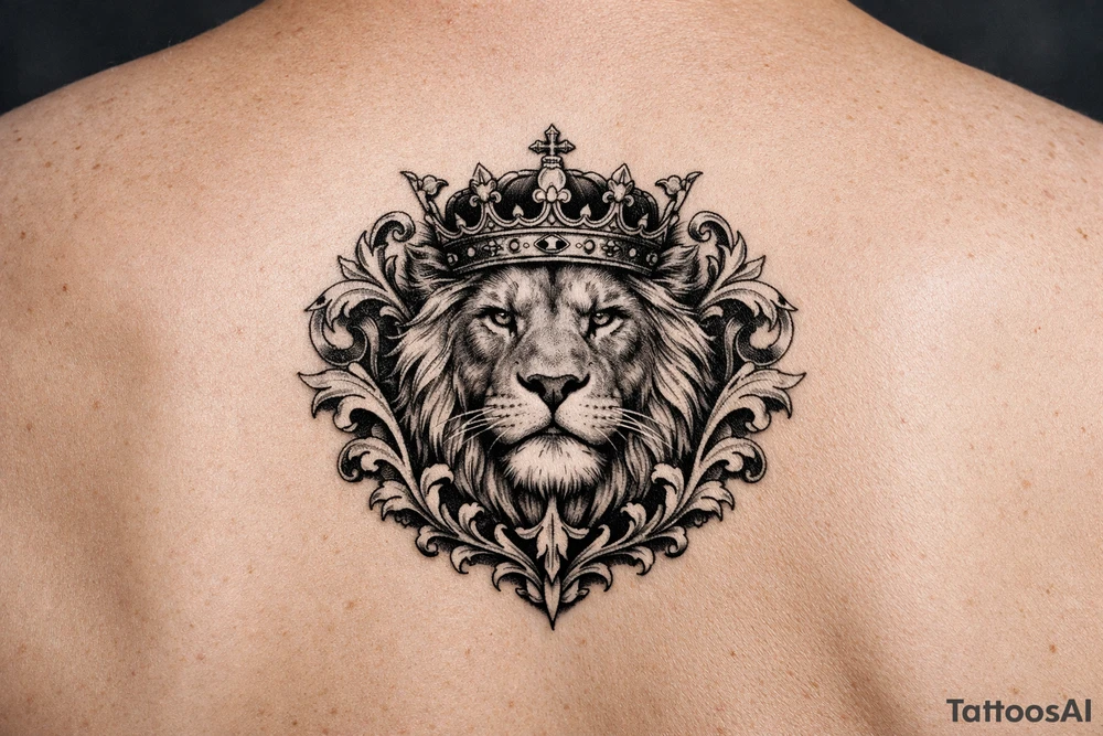 powerful majestic lion with a crown, framed by ornate floral scrollwork tattoo idea