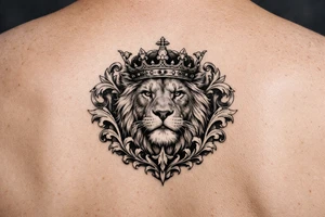 powerful majestic lion with a crown, framed by ornate floral scrollwork tattoo idea