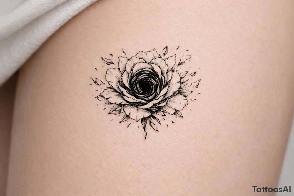 Single rose, petals shattering outwards, revealing a swirling dark abyss. tattoo idea
