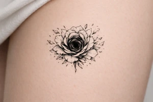 Single rose, petals shattering outwards, revealing a swirling dark abyss. tattoo idea