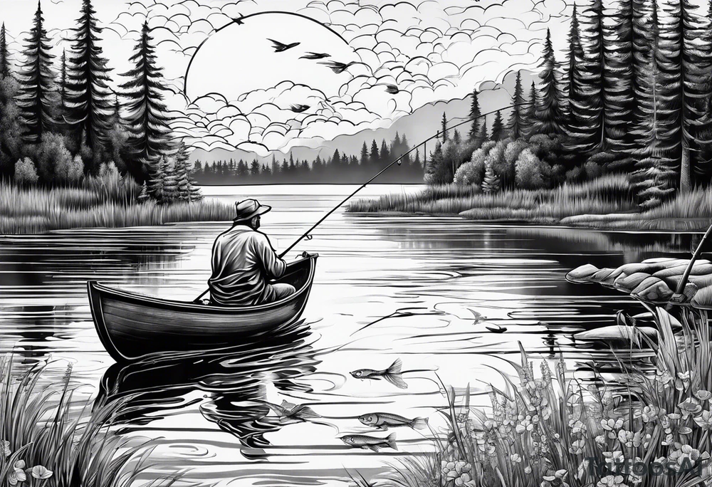 angel fishing in a lake tattoo idea